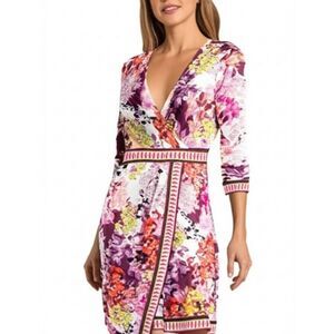 ECI pink purple multicolor floral faux wrap stretch jersey dress womens 4 Small